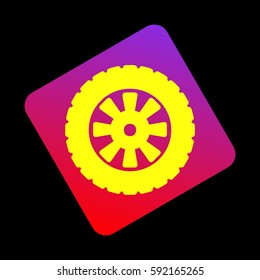 Road tire sign. Vector. Yellow icon at violet-red gradient square with rounded corners rotated for dynamics on black background.