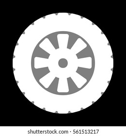 Road tire sign. White icon in gray circle at black background. Circumscribed circle. Circumcircle.