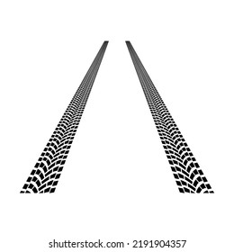 Road tire tracks perspective isolated on white background. Print textured wheel track. Tire marks, tire tread, tread marks silhouette for machine and vehicle. Vector illustration
