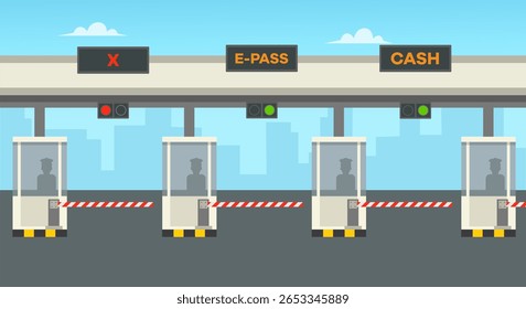 Pagamento de portagem em estilo simples. Carros passando por um posto de controle com barreiras. Estoque vetorial