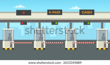 Road toll payment in flat style. Cars passing through checkpoint with barriers. Vector stock