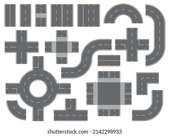 Road toolkit elements. Highways parts with different markings. Urban transport routes constructor. Crossroads and pedestrian crossings. Car traffic map. Vector speedway