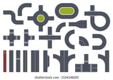 Road toolkit elements. Transport paths constructor. Various interchanges, intersections and turns segments, traffic circles and speedway, crossroads and pedestrian crossings, vector flat set