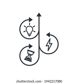 The road to the top. Components of success. Time, energy and labor, knowledge and ideas. Vector linear illustration isolated on white background.