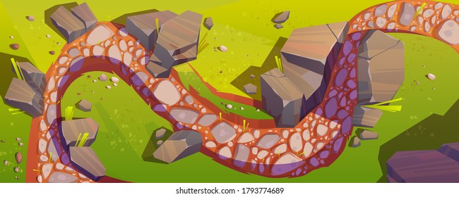 Straßenübersicht, Karikaturenkurve Weg, felsiger, windiger Weg mit Kieselsteinen, grünes Gras und Felsen entlang. Sommerlandschaft, schönes Tal, malerische Naturgebirgspfad Vektorgrafik