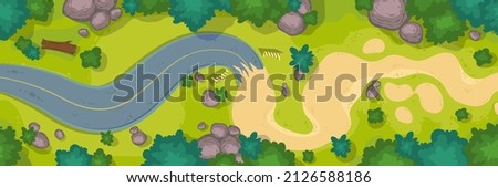 Road top view, curve way building process with asphalted or dirt parts and barriers. Windy trail with green grass and rocks around, landscape with path under construction, Cartoon vector illustration