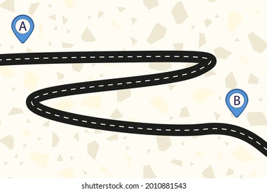 Road top view. Curved, winding path or highway with markings. Wavy carriageway from point A to B. Route, street, way or avenue with a turn. Roadway for transport traffic with location. Vector 