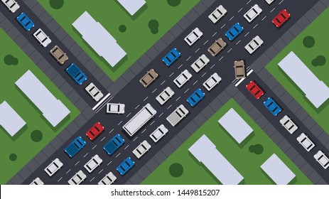 Road top view with highways many different vehicles. Map of cars traffic jam and urban transport. City infrastructure with transportation design elements. Vector illustration for animation.