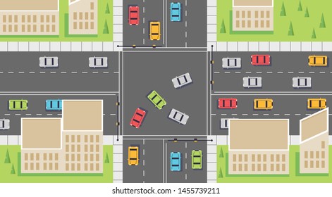 Road top view with highways many different vehicles. Map of cars traffic jam and urban transport. City infrastructure with transportation design elements. Vector illustration for animation.