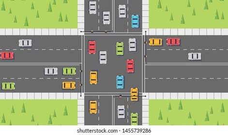 Road top view with highways many different vehicles. Map of cars traffic jam and urban transport. City infrastructure with transportation design elements. Vector illustration for animation.