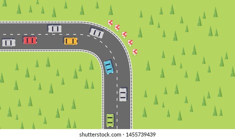 Road top view with highways many different vehicles. Map of cars traffic jam and urban transport. Vector illustration for animation.