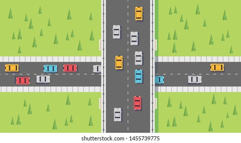 Road top view with highways many different vehicles. Map of cars traffic jam and urban transport. City infrastructure with transportation design elements. Vector illustration for animation. Bridge