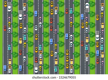 Road top view with highways many different vehicles. Map of cars traffic jam and urban transport. City infrastructure with transportation design elements