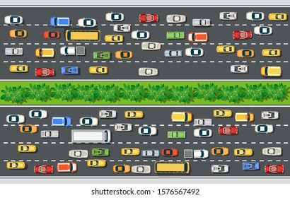 Road top view with highways many different vehicles. Map of cars traffic jam and urban transport. City infrastructure with transportation design elements