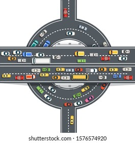 Road top view with highways many different vehicles. Map of cars traffic jam and urban transport. City infrastructure with transportation design elements
