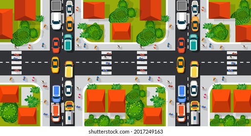 Road top view with highways many different vehicles. Map of cars traffic jam and urban transport. City infrastructure with transportation design elements