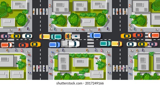 Straße Draufsicht mit Autobahnen viele verschiedene Fahrzeuge. Karte des Autoverkehrs Stau und des städtischen Verkehrs. Stadtinfrastruktur mit Design-Elementen für den Transport