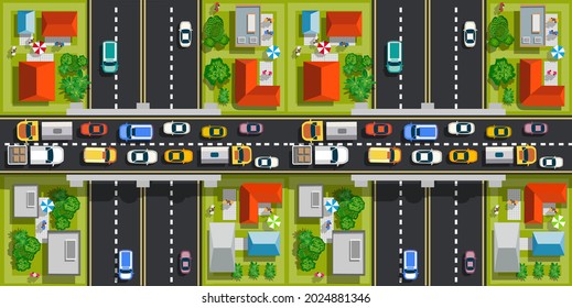 Road top view with highways many different vehicles. Map of cars traffic jam and urban transport. City infrastructure with transportation design elements