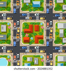 Road top view with highways many different vehicles. Map of cars traffic jam and urban transport. City infrastructure with transportation design elements