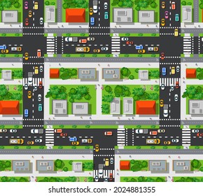 Vista en la cima de la carretera con autopistas muchos vehículos diferentes. Mapa de atascos de tráfico de coches y transporte urbano. Infraestructura urbana con elementos de diseño de transporte