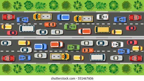 Road top view with highways many different vehicles. Map of cars traffic jam and urban transport. City infrastructure with transportation design elements 