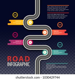 Road top view infographics with dotted line and percents in round graphs, traffic map of asphalt street in city or town, highway statistics. Path and travel, car journey or trip, information and plan