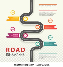 Road Top View Infographics With Dotted Line And Percents In Round Graphs, Traffic Map Of Asphalt Street In City Or Town, Highway Statistics. Path And Travel, Car Journey Or Trip, Information And Plan