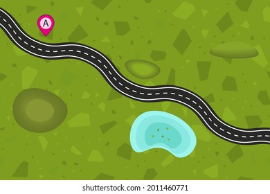 Road top view on the map with lake. Curved, winding path or highway with markings and topography. Route, street, way from point A to B. Roadway for transport traffic with location. Vector illustration