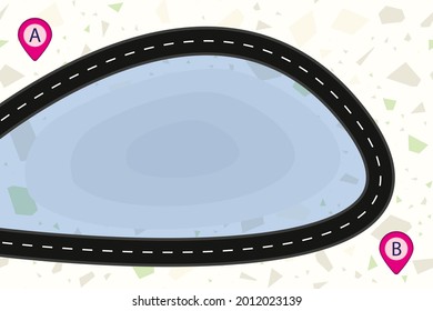 Road top view on the map with lake. Curved, winding path or highway with markings and topography. Route, street, way from point A to B. Roadway for transport traffic with location. Vector illustration