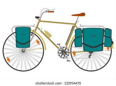 Road touring bike with saddlebags on a white background.