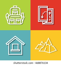 Road tourist icons in line style on color background. Mountain hiking, map and backpack. Vector illustration