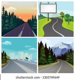 Road to town. Outside highway street scenic different types of city road vector landscape