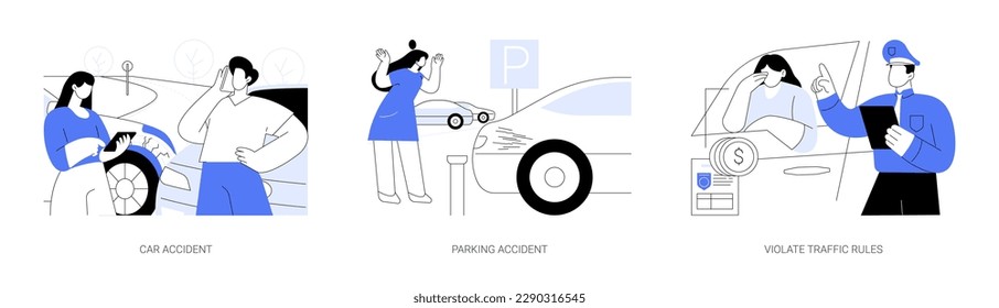 Conjunto de ilustraciones vectoriales abstractas de accidentes de tránsito. Accidente automovilístico, rascar un auto mientras se estaciona, violar reglas de tránsito, avería de auto, estacionamiento multa multa metáfora abstracta de boletos.