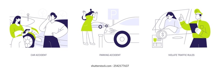 Conjunto de ilustração vetorial de conceito abstrato de acidente rodoviário. Acidente de carro, arranhar um carro enquanto estaciona, violar regras de trânsito, colapso do carro, estacionamento multa passagem metáfora abstrata.