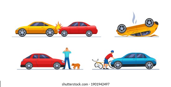 Road traffic accident. Car damaged vehicle transportation. Cyclist fell off bicycle colliding with car. Collision of cars, hitting an animal. Auto accident, motor vehicle crash cartoon vector