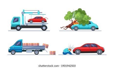 Accidente de tráfico. Transporte de vehículos dañado por el automóvil. Un camión remolque toma el auto. Cargo derramado fuera del auto. La colisión golpea a un hombre. Accidente automático, vector de cartografía de choque de vehículos de motor