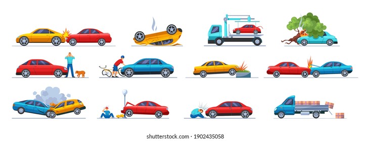 Road traffic accident. Car damaged vehicle transportation. Cyclist fell off bicycle colliding with car. Cargo spilled out of car. Collision hitting an people. Auto accident, motor vehicle crash - Shutterstock ID 1902435058