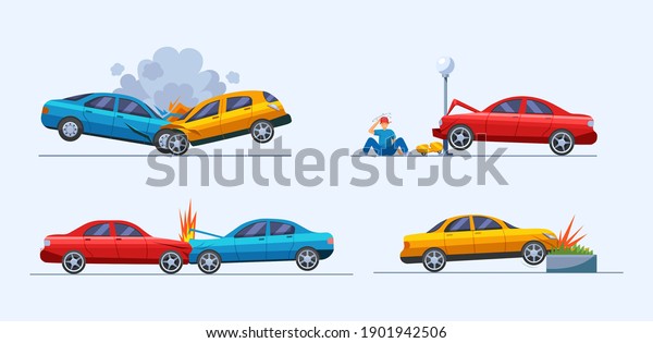 Road traffic\
accident. Car damaged vehicle transportation. Car crashed into\
pole. Cargo spilled out of car. Collision hitting an man. Auto\
accident, motor vehicle crash cartoon\
vector
