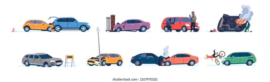 Road traffic accident. Dangerous situations with cars. Broken or burning vehicles. Drivers errors. Automobile knocking down cyclist. Thief steals auto. Vector transport