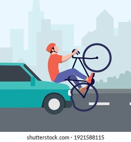 Road traffic accident, hitting a cyclist, vector flat illustration. Car collision with a bicycle on the road in the city. Accident,  car accident, injured cyclist.