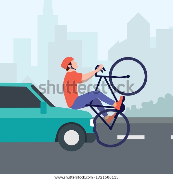 Road traffic accident, hitting\
a cyclist, vector flat illustration. Car collision with a bicycle\
on the road in the city. Accident,  car accident, injured\
cyclist.