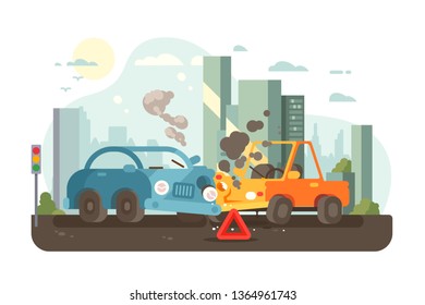 Ilustración vectorial de la escena del accidente de tránsito. Colisión de Camión y tabaquismo radiador. Parado automático con signo triángulo de advertencia. Crash en el concepto de la ciudad de la llanura. El paisaje urbano en segundo plano