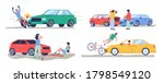 Road traffic accident set, vector flat isolated illustration. Car collision with bike, motorbike, pedestrian, another car. Auto accident, motor vehicle crash, injured cyclist, motorcyclist characters.