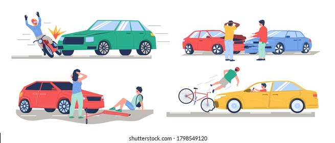 Road traffic accident set, vector flat isolated illustration. Car collision with bike, motorbike, pedestrian, another car. Auto accident, motor vehicle crash, injured cyclist, motorcyclist characters.