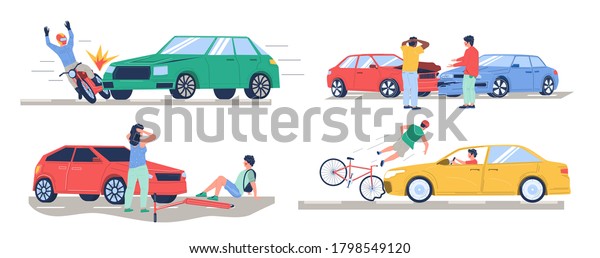 Road traffic accident set, vector flat\
isolated illustration. Car collision with bike, motorbike,\
pedestrian, another car. Auto accident, motor vehicle crash,\
injured cyclist, motorcyclist\
characters.