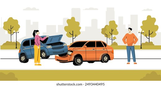 Road traffic accident. Upset drivers standing near crashed cars. Car crash on road. Vehicle is broken in city. Smashed auto on highway. Collision of vehicles, wreck. Automobile damaged vector concept.