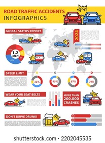 Road traffic accidents infographics, car crash vector statistics graphs. Road traffic accidents and driver safety report on injury, vehicle driving drunk info and car crash world information