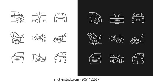 Road traffic accidents linear icons set for dark and light mode. Car damaged body parts. Car-on-bike collision. Customizable thin line symbols. Isolated vector outline illustrations. Editable stroke