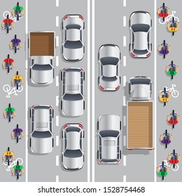 Road traffic and bicycle path. View from above. Vector illustration.