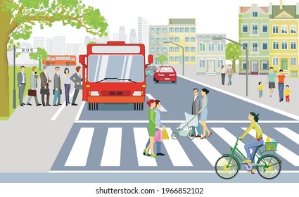 Road traffic with bus stop, pedestrians on zebra crossing and cyclists illustration